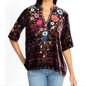 Johnny Was Ulla Velvet Easy V-Neck Top Embroidered Blouse NWT - S/M